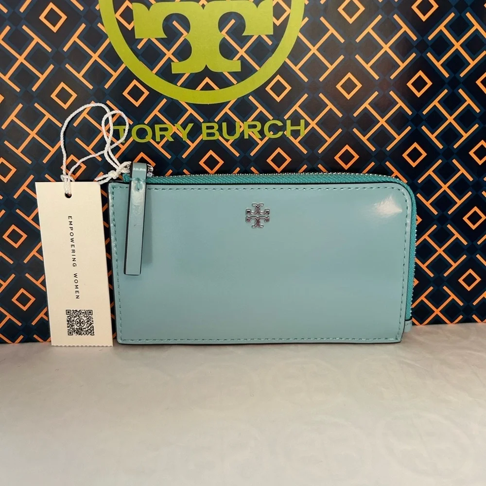 Tory Burch Blake Patent Zip Card Case Angel Blue Silver